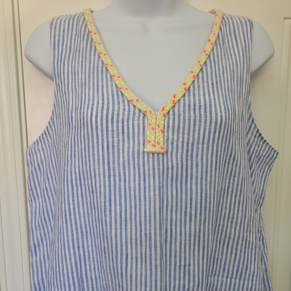 Vineyard Vines Linen Blue White Striped Sleeveless Dress Neon Tassels Size XS - Picture 2 of 12